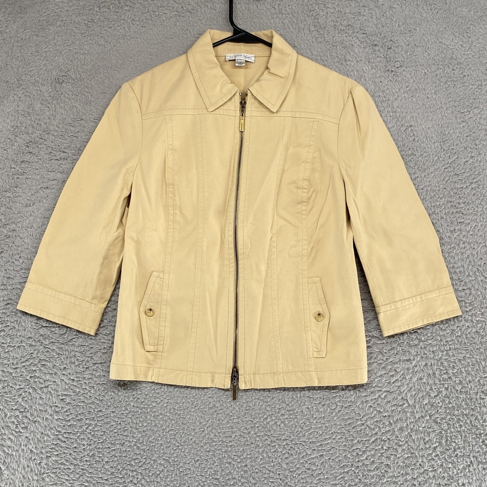 St John Sport Jacket Womens Medium Beige Twill Neutral 3/4 Sleeve Collared